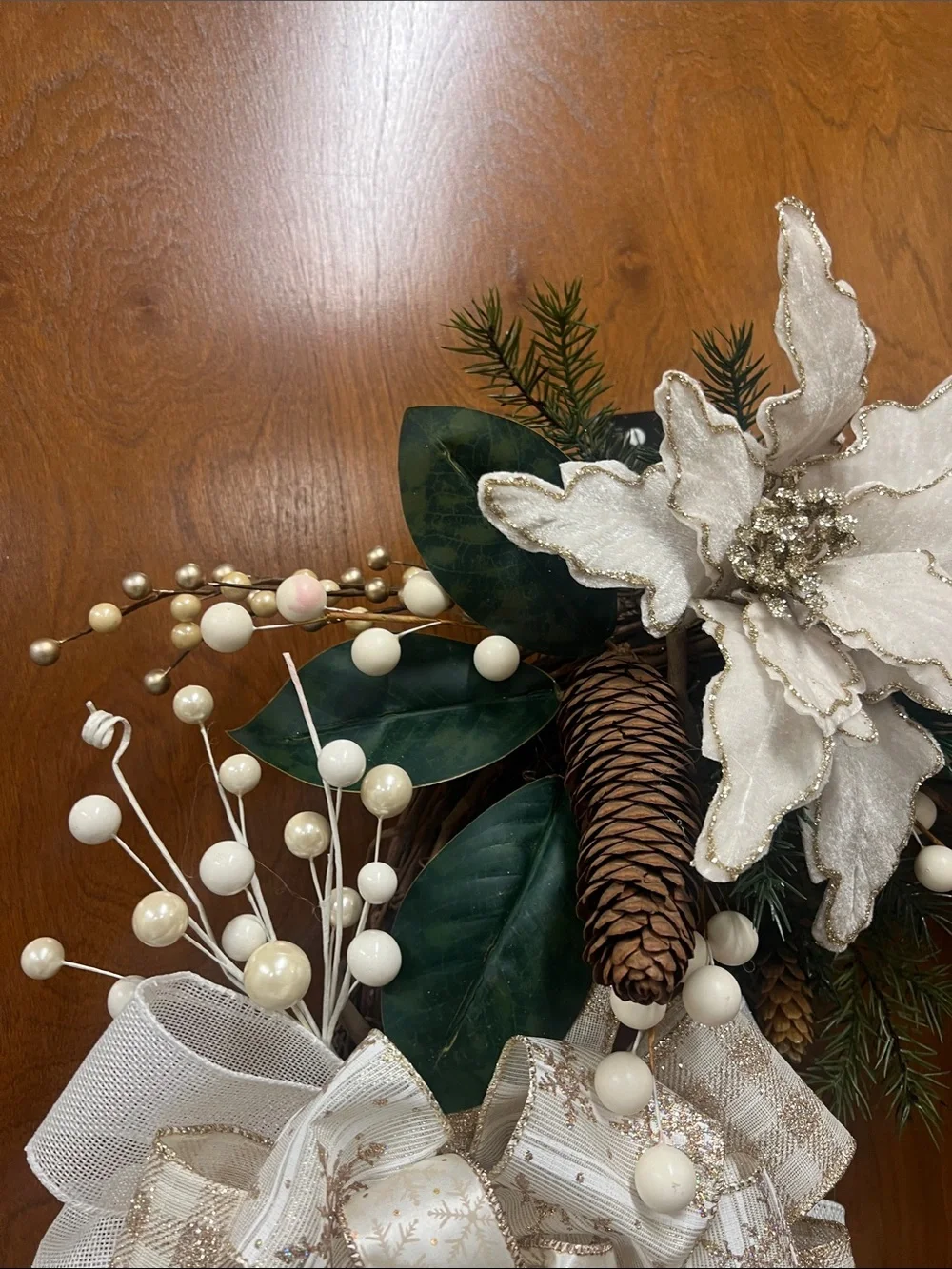 White & Cream Poinsettia Holiday Wreath with Pinecones